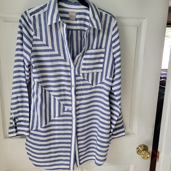 Chico's Tops - Chico's Blue and White Striped Button-Up Shirt with Pockets